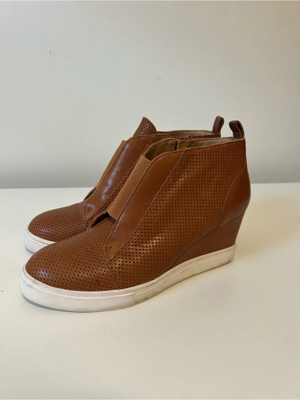 Paolo Perforated Wedge Slip-Ons in Cognac Brown